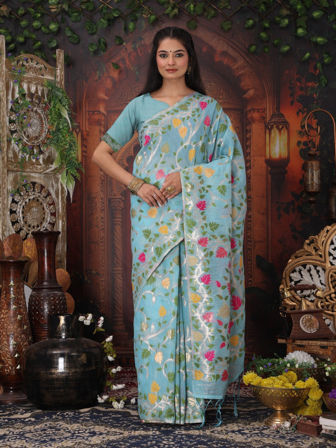 Anaita Blue Linen Printed Saree With Blouse