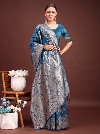 Anaita Blue Banarasi Silk Woven Work Saree With Blouse