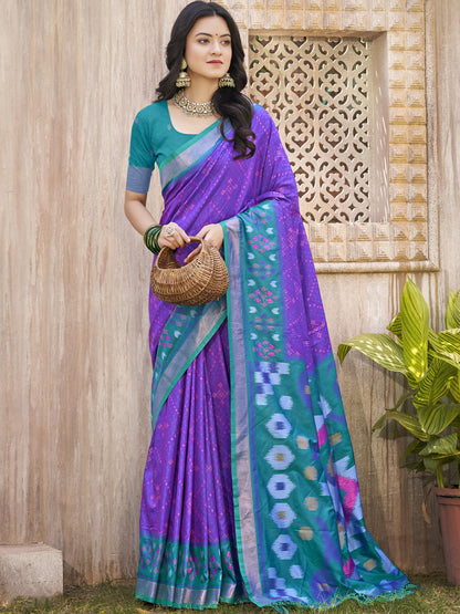 Anaita Blue Pochampally Silk Saree With Floral Printed Work With Blouse
