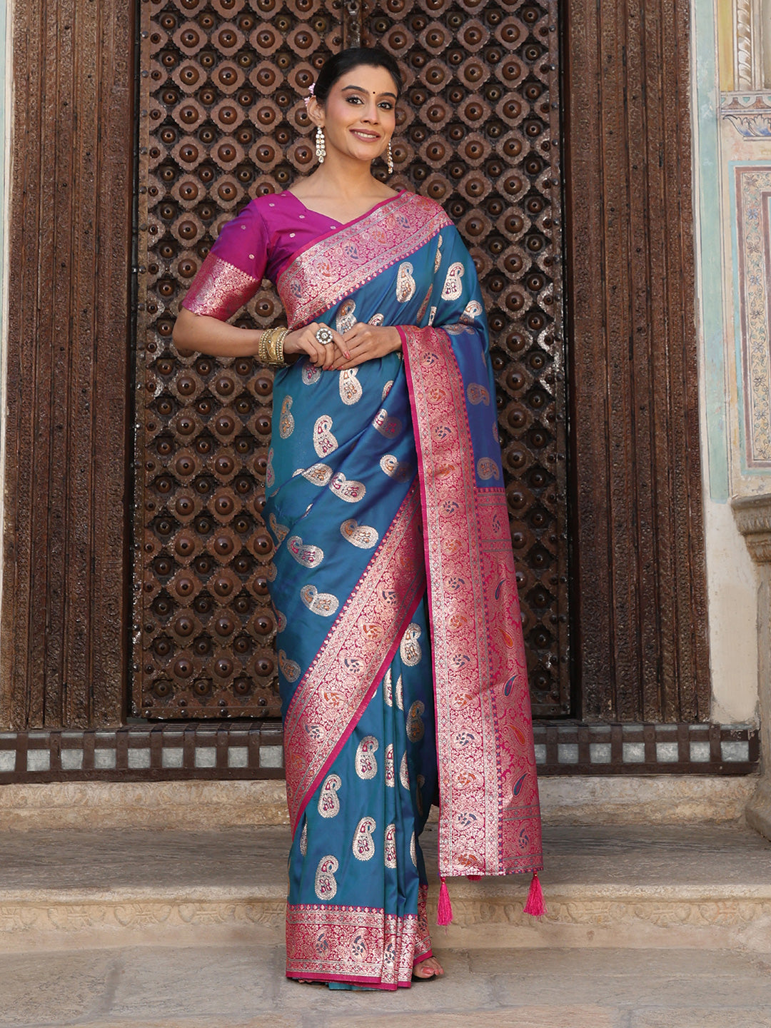 Anaita Blue Silk Woven Saree With Blouse