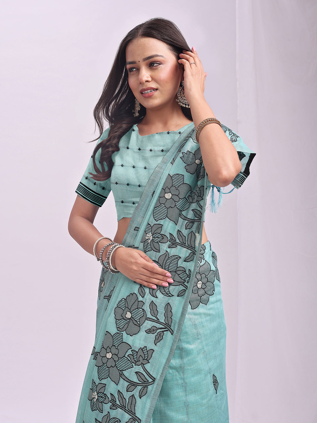 Anaita Blue Linen Printed Saree With Blouse