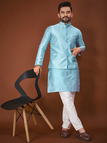 Anaita Blue Jacquard Silk Straight Kurta With Koti & Pajama