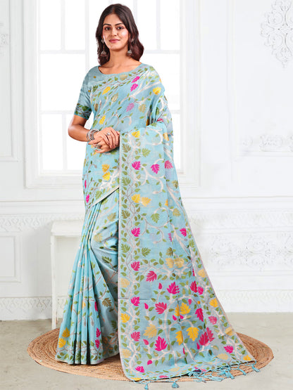 Anaita Blue Linen Printed Saree With Blouse