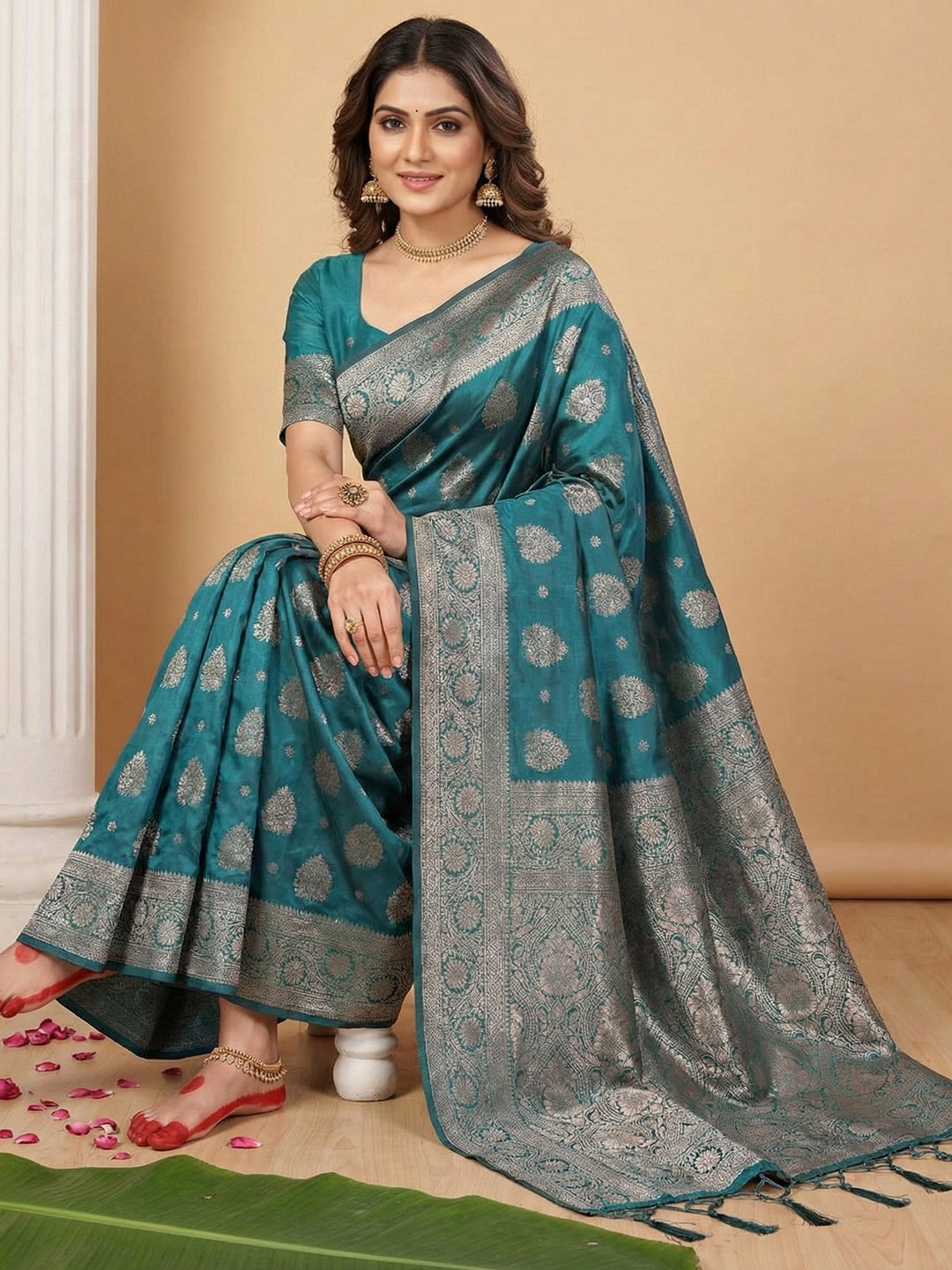 Anaita Blue Silk Blend Woven Saree With Blouse