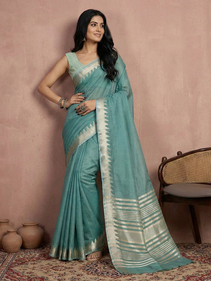 Anaita Blue Cotton Saree With Blouse