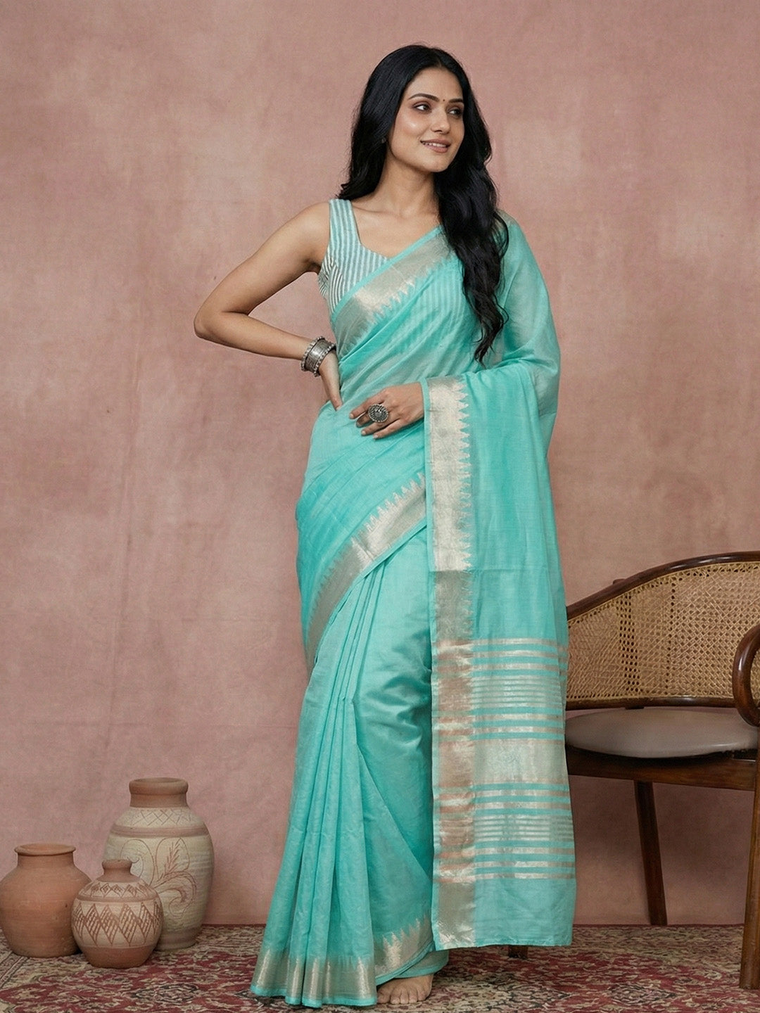 Anaita Blue Cotton Saree With Blouse