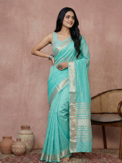 Anaita Blue Cotton Saree With Blouse