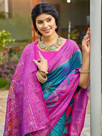 Anaita Blue Soft Silk Saree With Floral Printed Work With Blouse