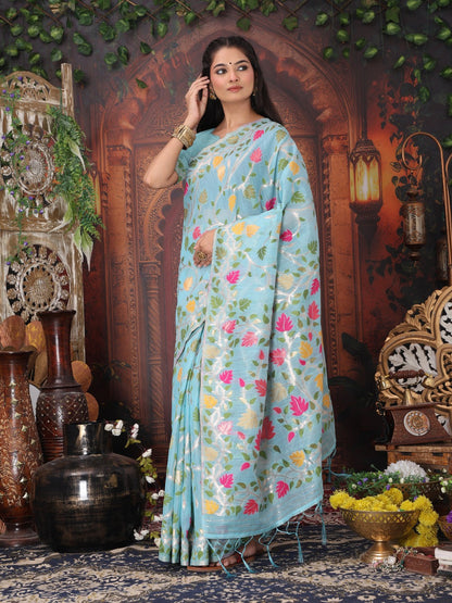 Anaita Blue Linen Printed Saree With Blouse