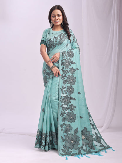 Anaita Blue Linen Printed Saree With Blouse