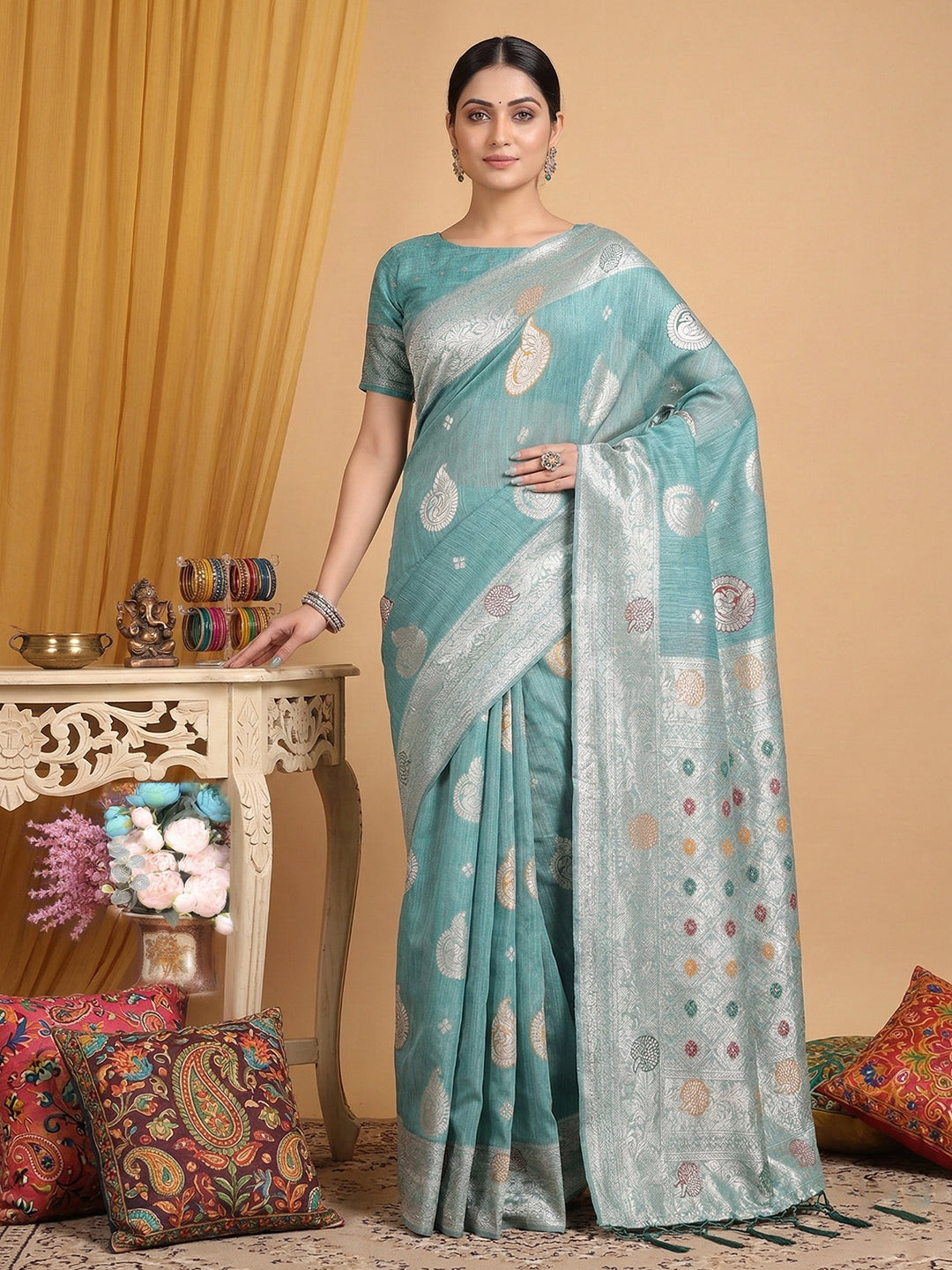 Anaita Blue Linen Woven Work Saree With Blouse
