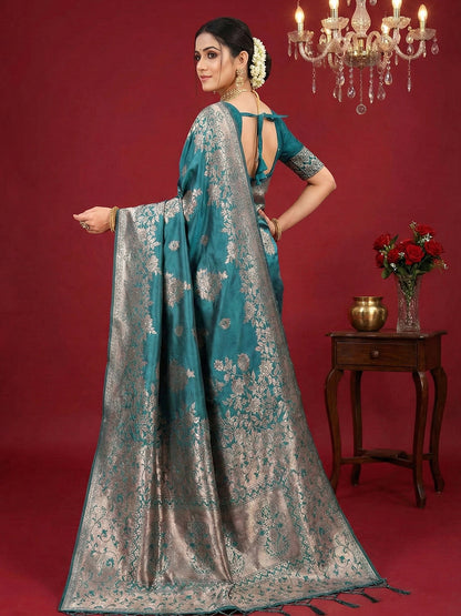Anaita Blue Silk Blend Woven Saree With Blouse