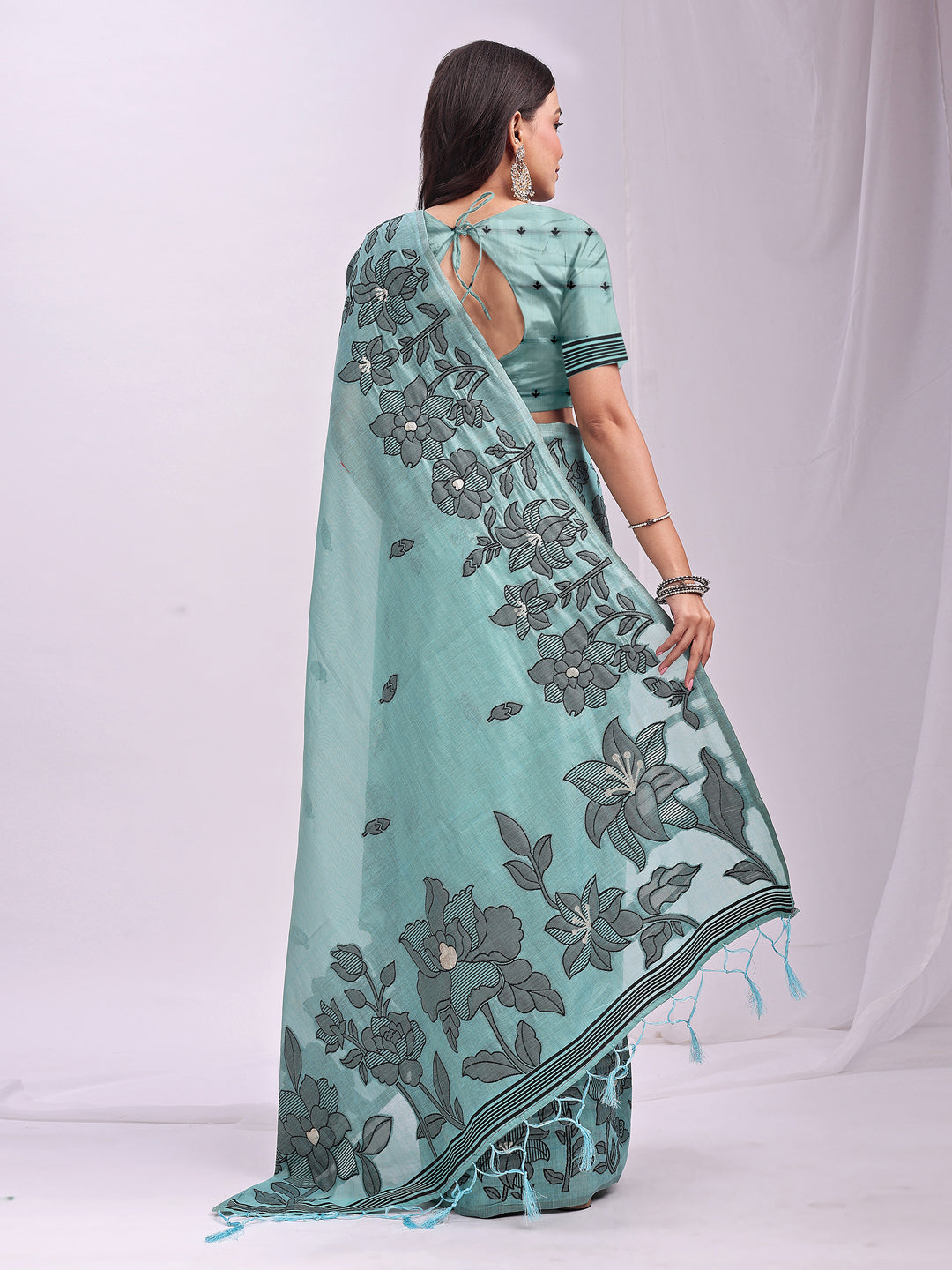 Anaita Blue Linen Printed Saree With Blouse