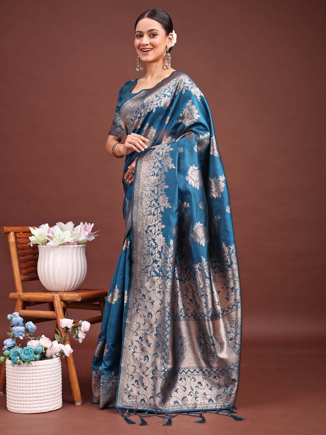 Anaita Blue Banarasi Silk Woven Work Saree With Blouse