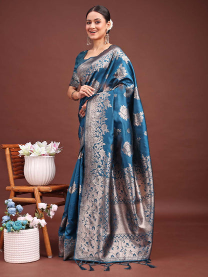 Anaita Blue Banarasi Silk Woven Work Saree With Blouse