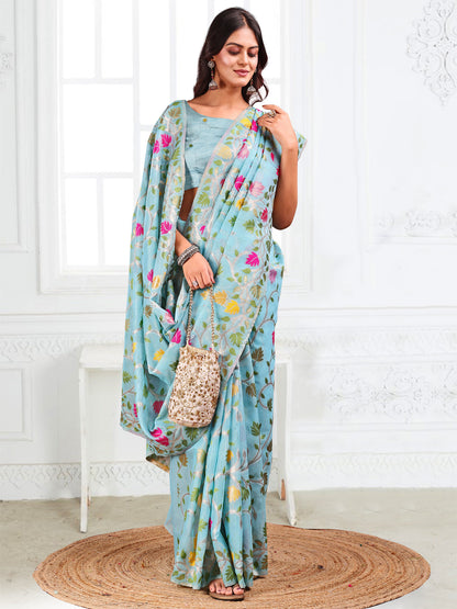 Anaita Blue Linen Printed Saree With Blouse