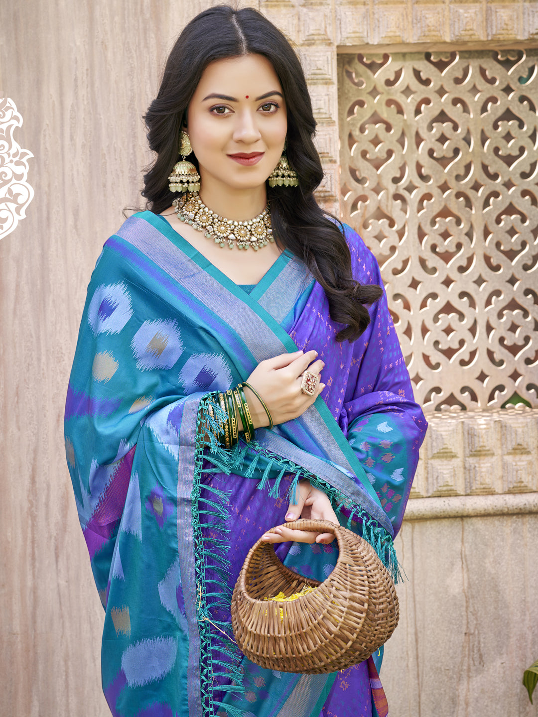 Anaita Blue Pochampally Silk Saree With Floral Printed Work With Blouse