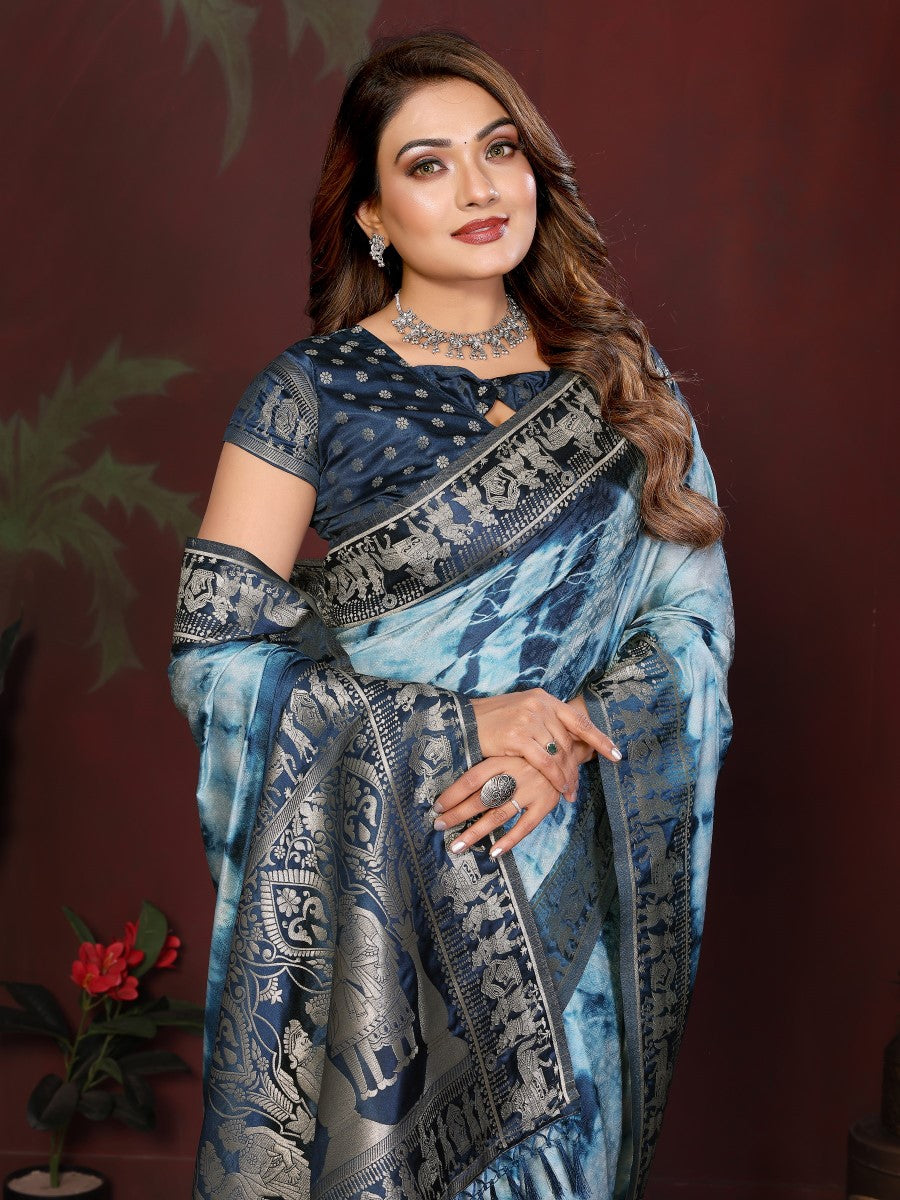 Anaita Blue Zari Weaving Work Satin Silk Saree With Blouse