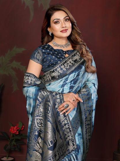 Anaita Blue Zari Weaving Work Satin Silk Saree With Blouse