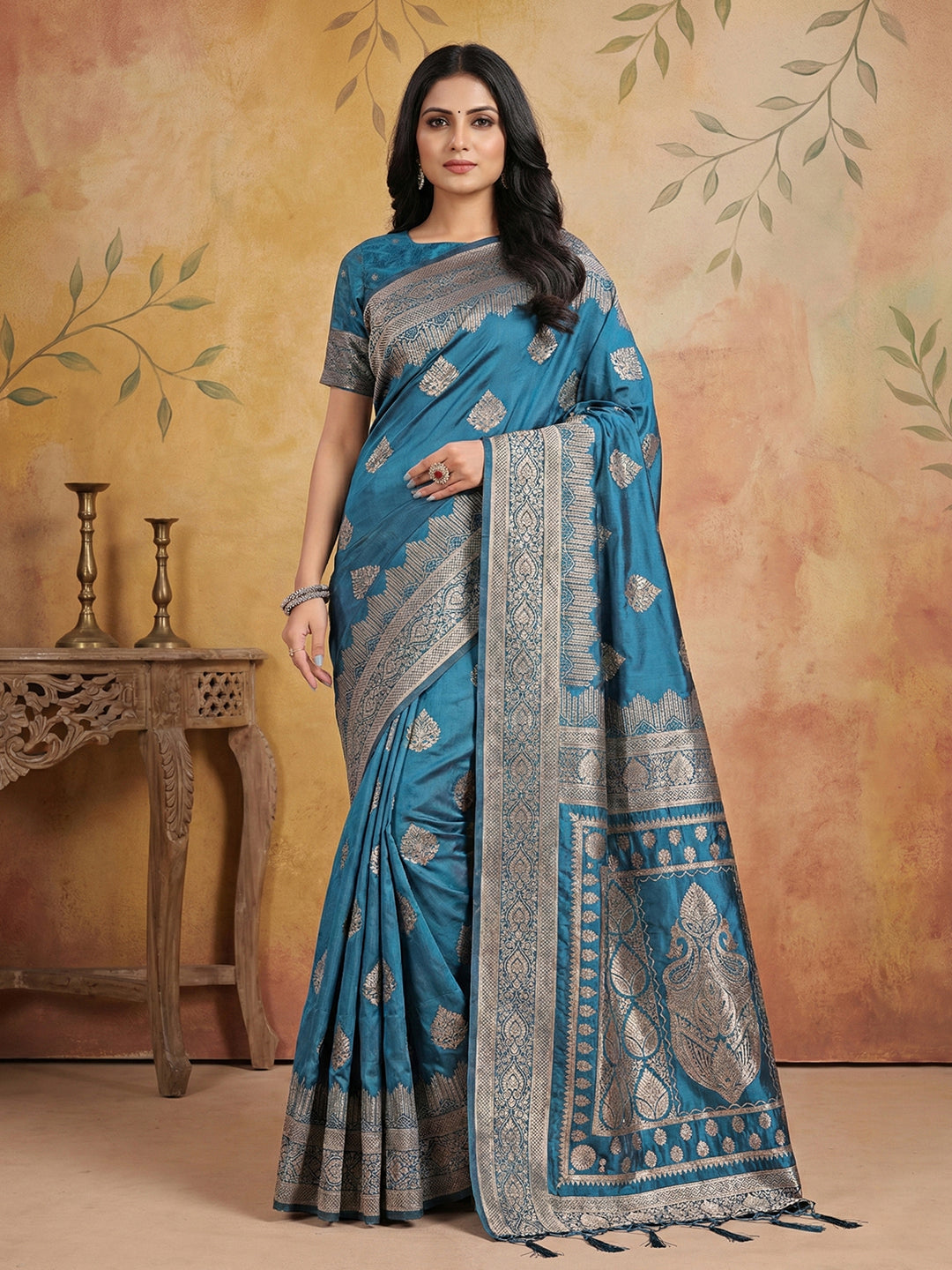 Anaita Blue Silk Blend Woven Saree With Blouse