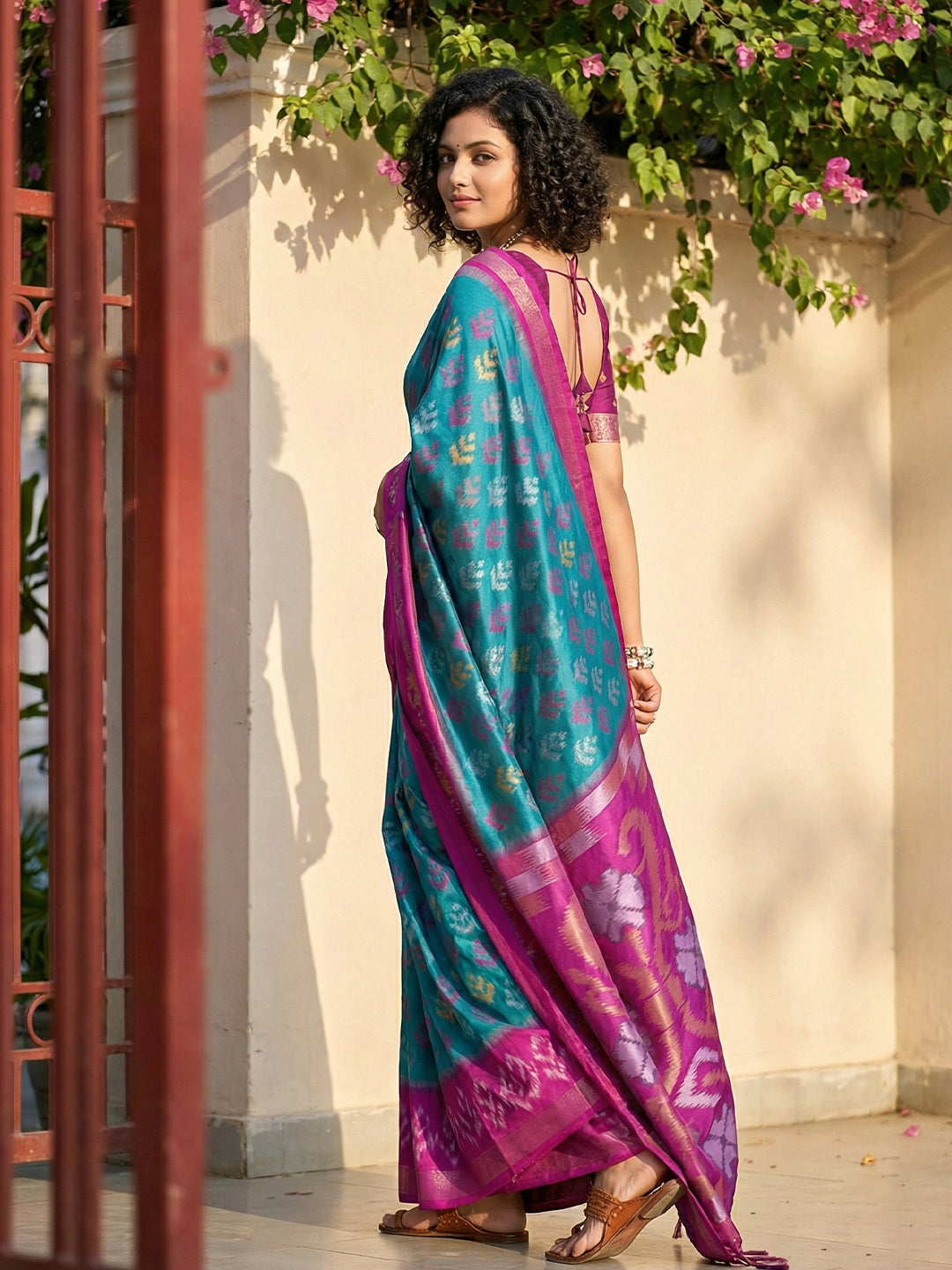 Anaita Blue Pochampally Printed Saree With Blouse