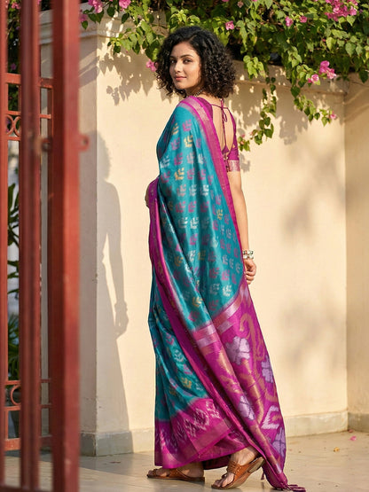 Anaita Blue Pochampally Printed Saree With Blouse
