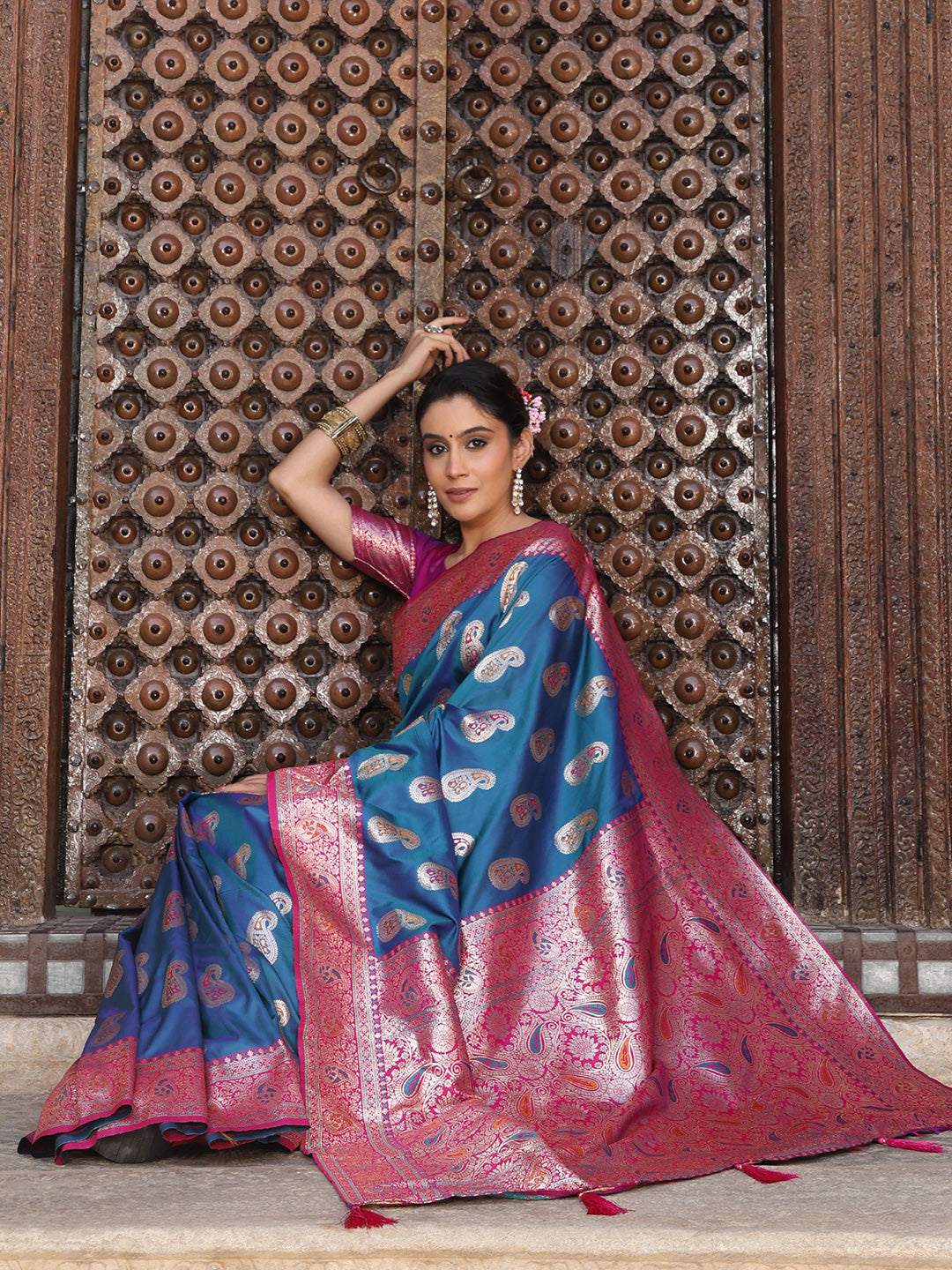 Anaita Blue Silk Woven Saree With Blouse
