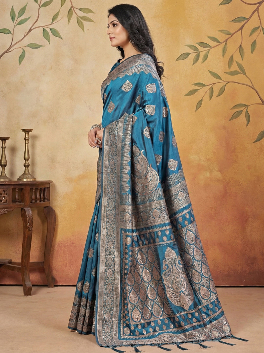 Anaita Blue Silk Blend Woven Saree With Blouse