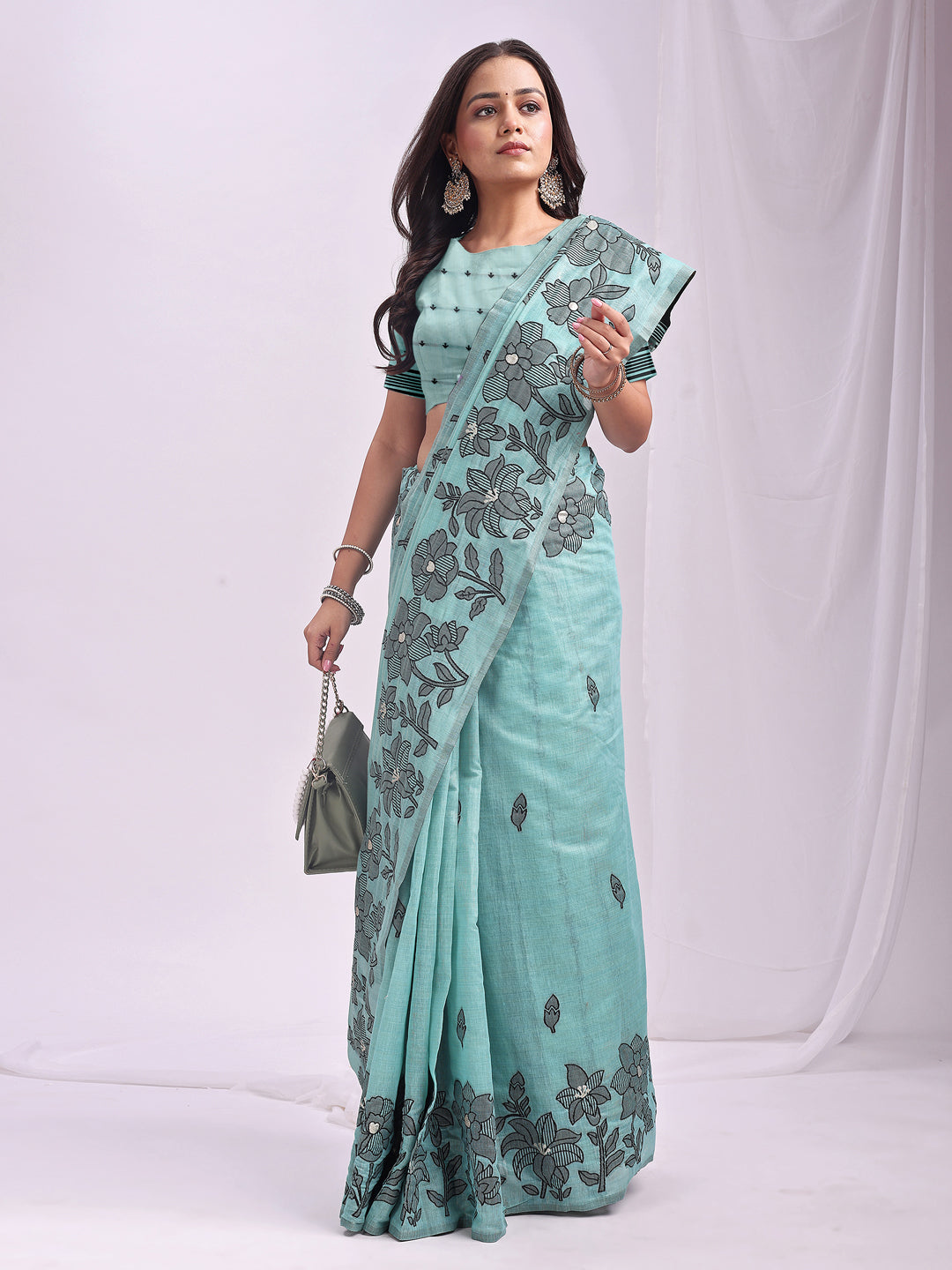 Anaita Blue Linen Printed Saree With Blouse
