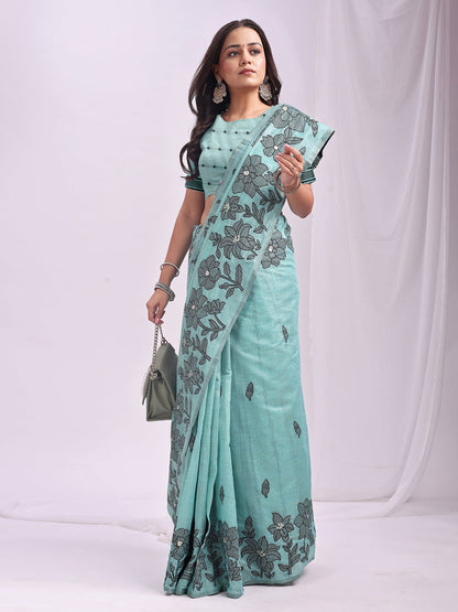 Anaita Blue Linen Printed Saree With Blouse