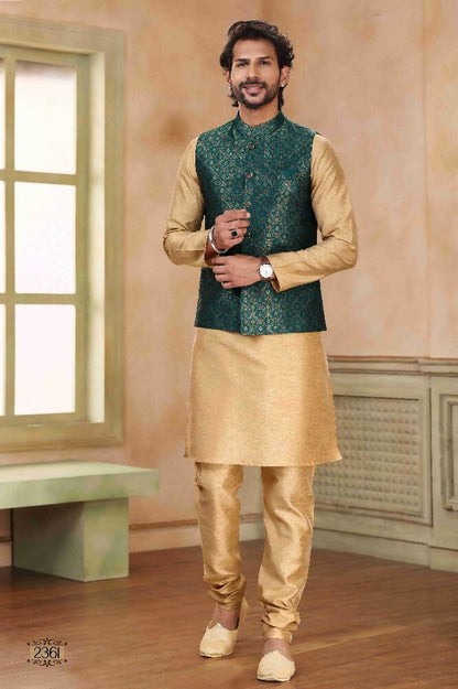 Raivat Ethnic Jacquard Banarasi Silk Woven Work 3 Pics Jacket Set In Green Colour