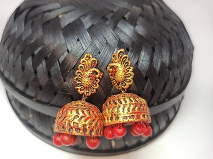 Terracotta Peacock Stud Ethnic Jhumkas-Gold Red