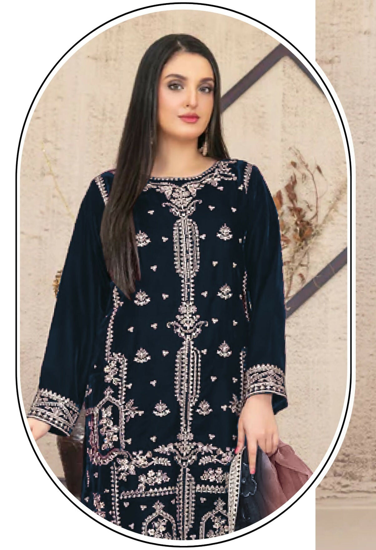 Anaita Navy Blue Velvet Suit with Embroidery Sequence Work