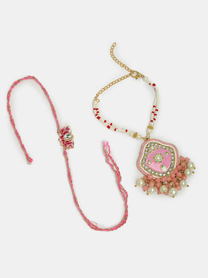 NVR Women & Men Set of 2 Pink Lotus Shape Kundan Stone-Studded & Beaded Bhaiya Bhabhi Rakhi With Roli Chawal & Chocolate