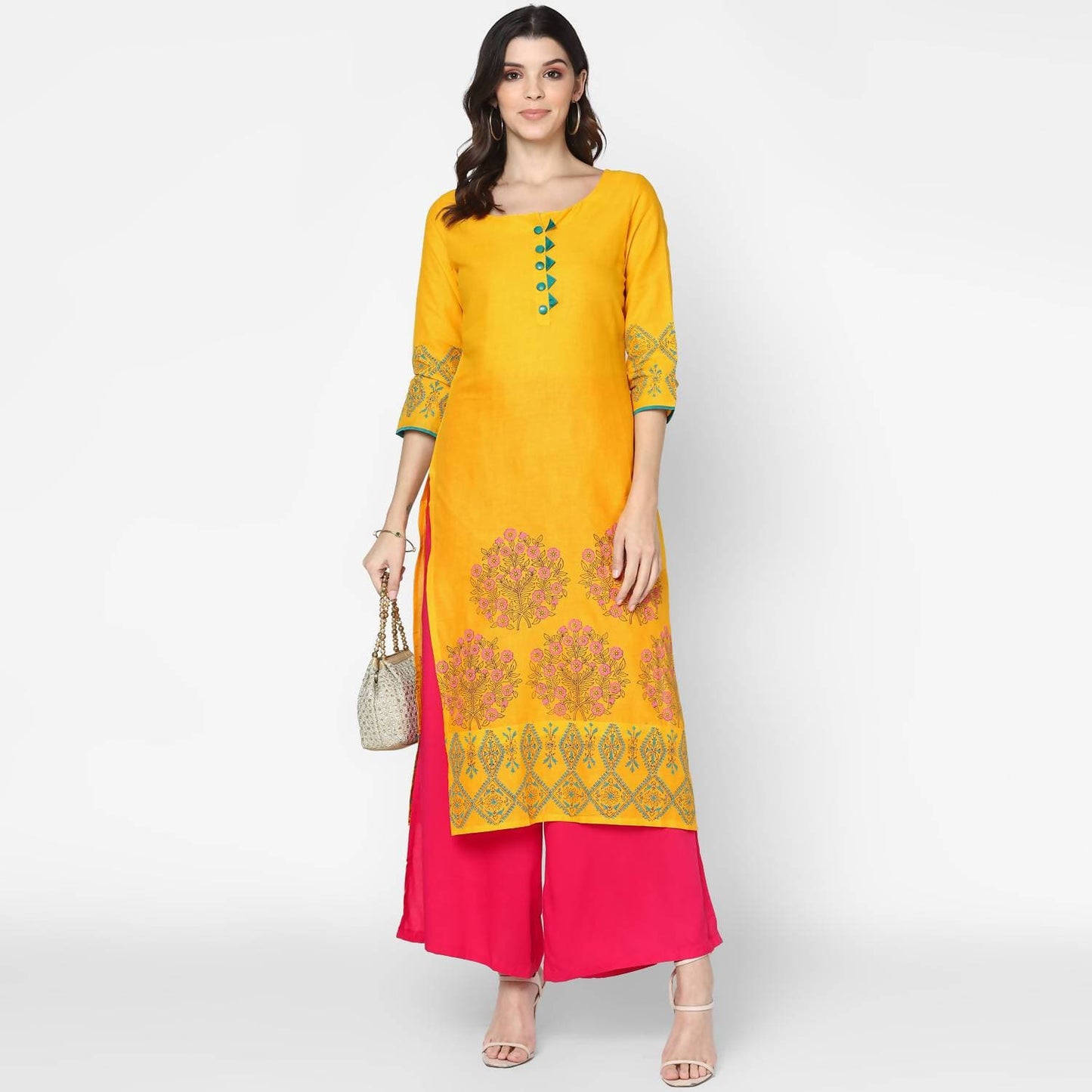Cheera Hand Block Print Mustard Straight Kurta (MAAI-052K)