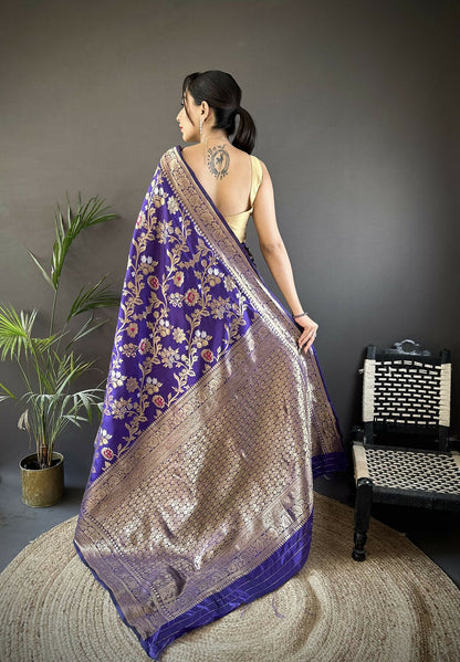 Joban Fashion Violet Floral & Ethnic Motifs Design Soft Silk Meenakari Banarasi Saree