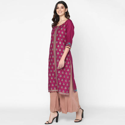 Cheera Hand Block Print Purple & Skin Color Straight Kurta With Palazzo (MAAI-075K)