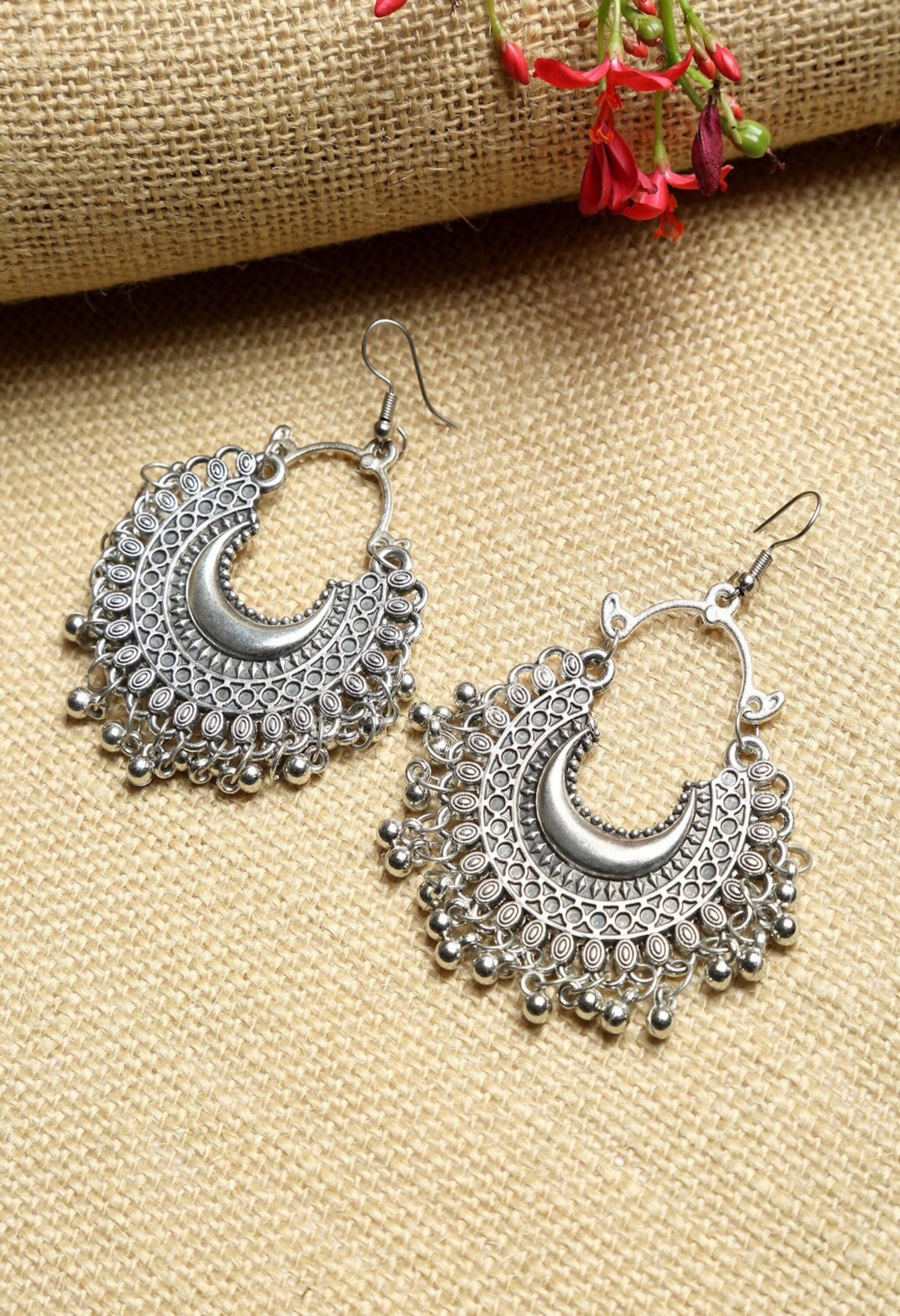 Mominos Fashion Johar Kamal Oxidised Silver-Plated Chandbali Earrings