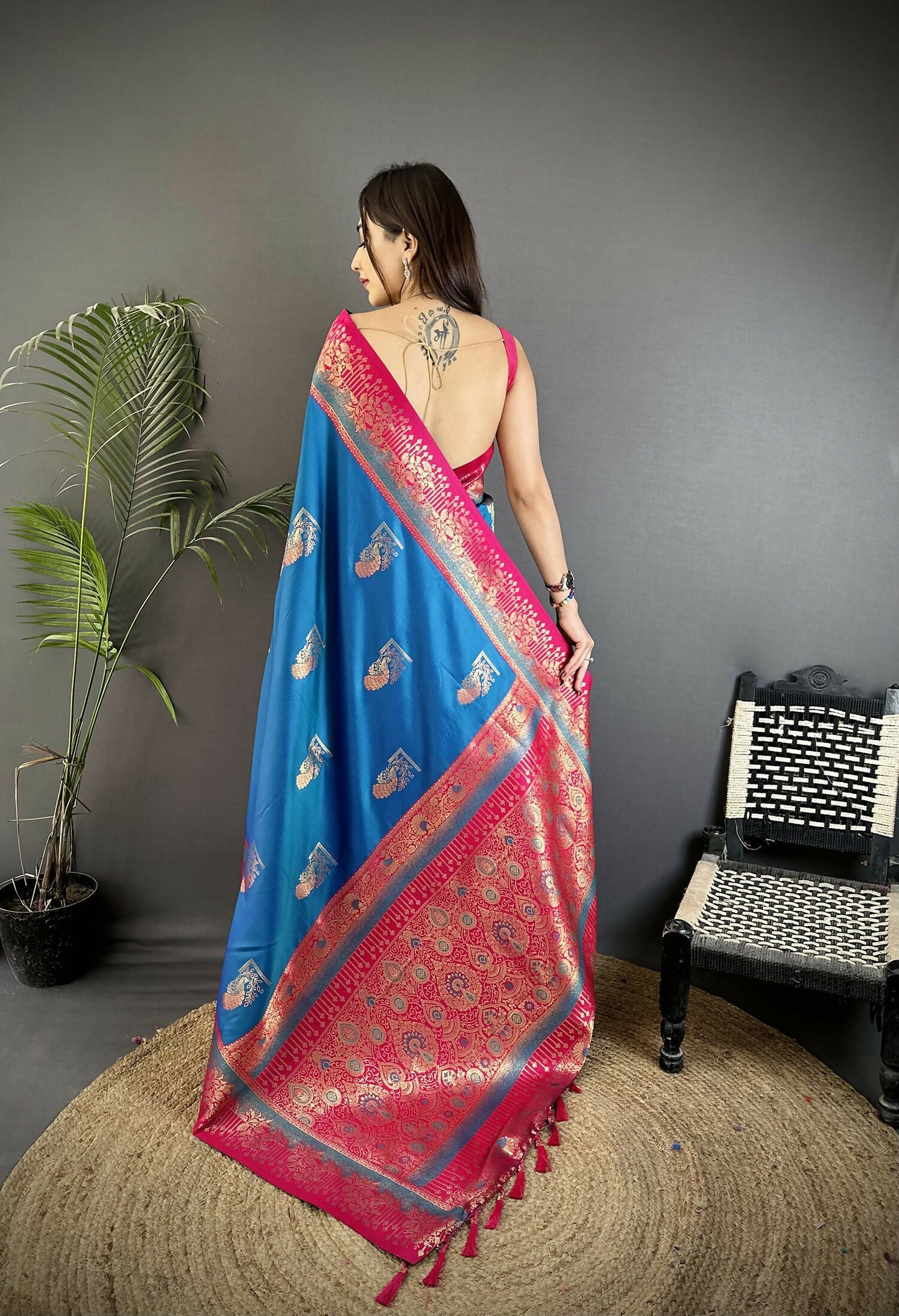 Joban Fashion Royal Blue Banarasi Soft Silk Peacock Butta Work Saree