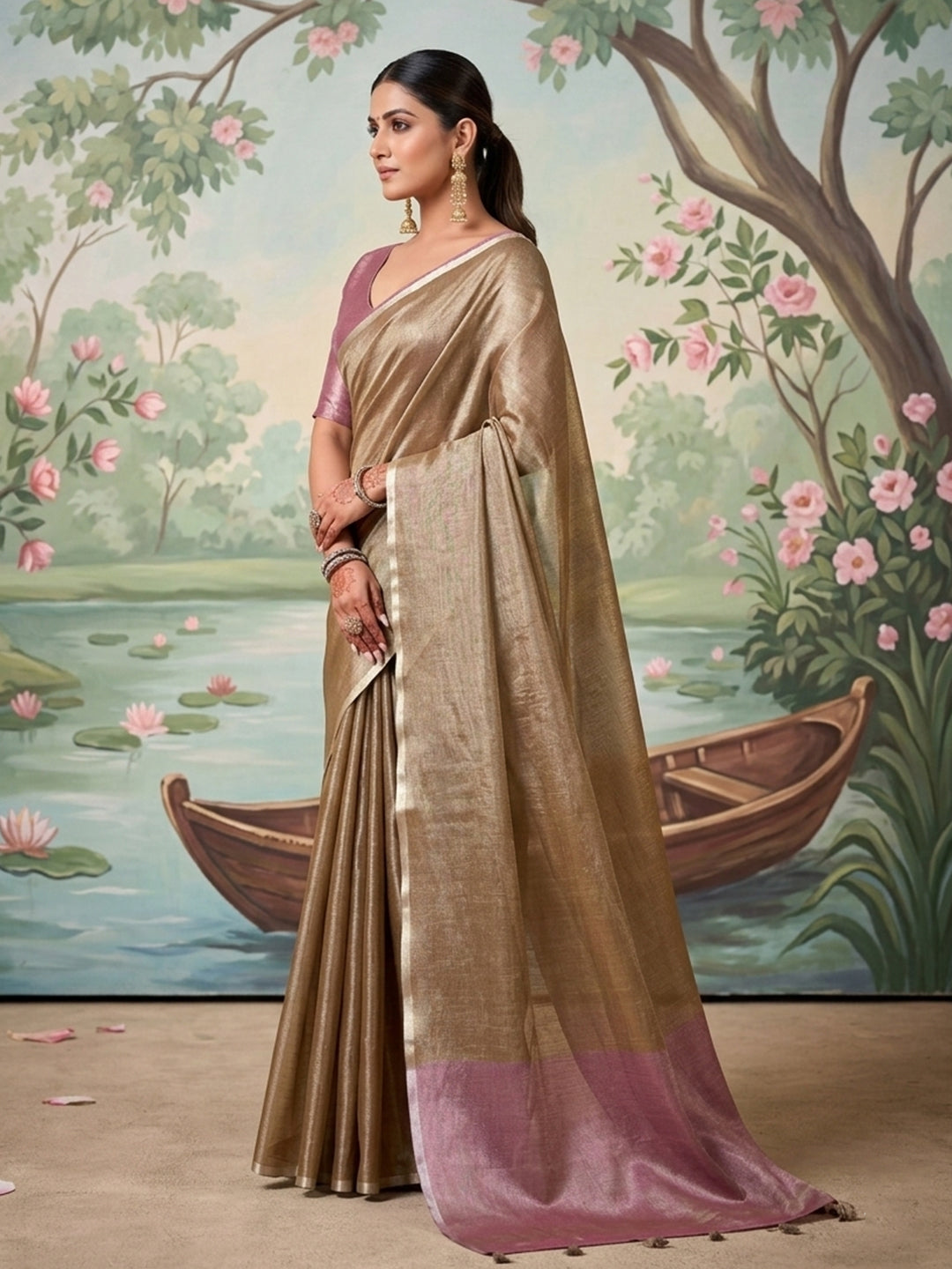 Anaita Brown Tissue Saree With Blouse