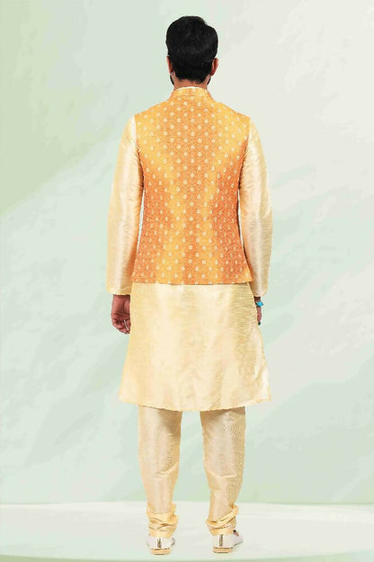 Raivat Ethnic Jacquard Banarasi Silk Woven Work 3 Pics Jacket Set In Mustard Colour