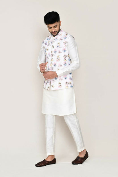 Joban Fashion White Colored Art Silk Fabric Kurta, Jacket With Straight Fit Pant