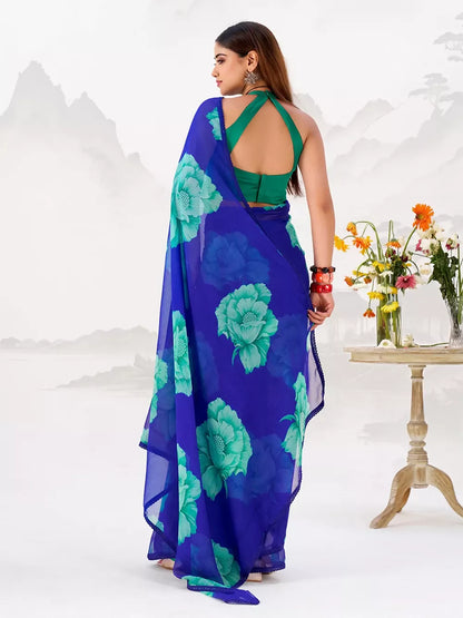 Vastranavya Royal Blue Floral Print with Lace Border work Chiffon Saree & Unstitched Blouse