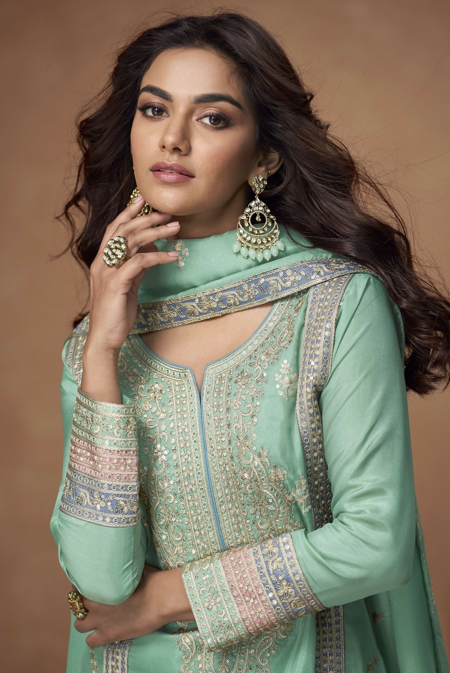 Anaita Sea-Green Chinon Readymade Palazzo Suit with Embroidery Sequence Work