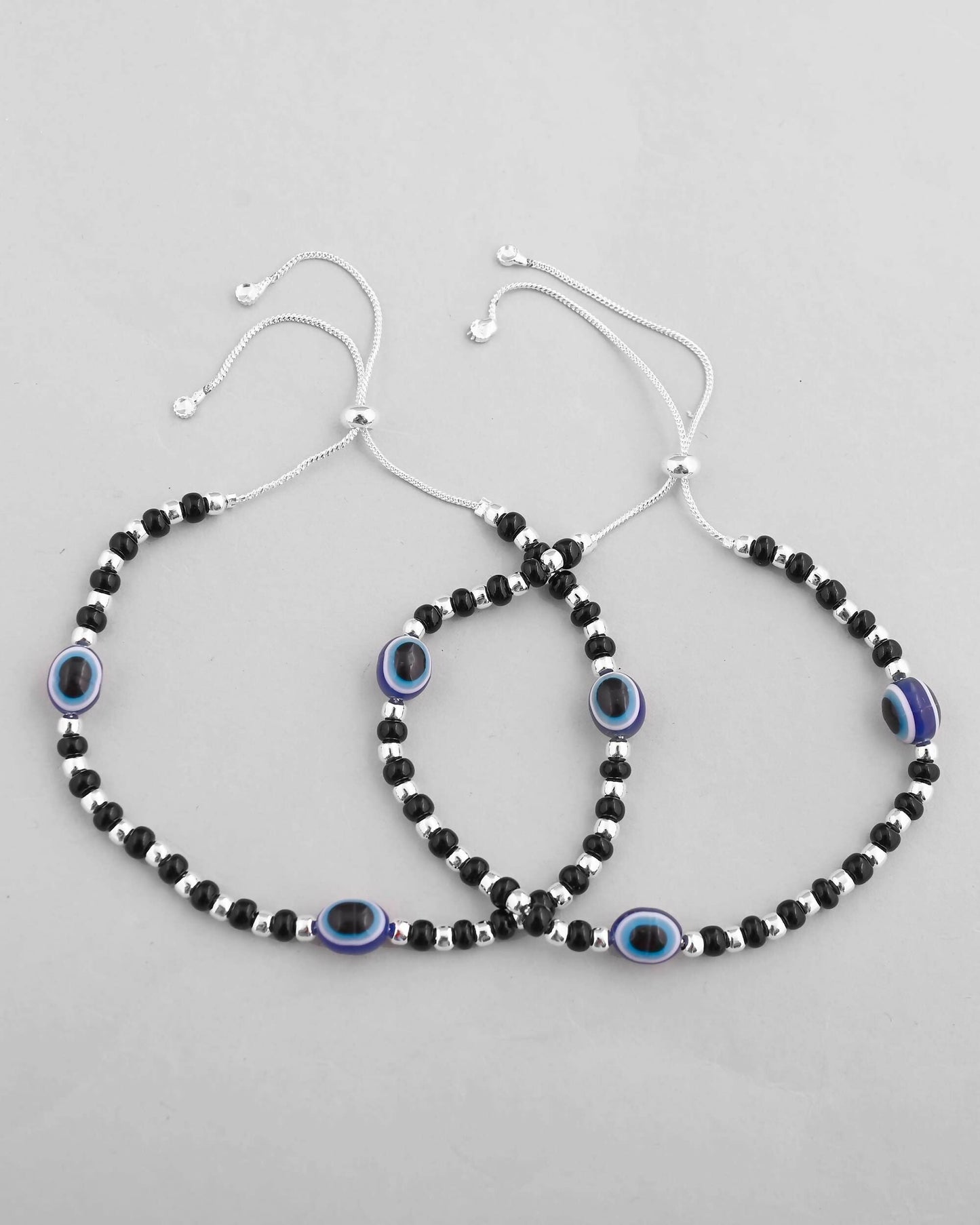 VOJ Set of 2 Silver Plated Evil Eye With Black And Silver Beads Anklet