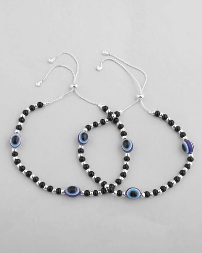 VOJ Set of 2 Silver Plated Evil Eye With Black And Silver Beads Anklet