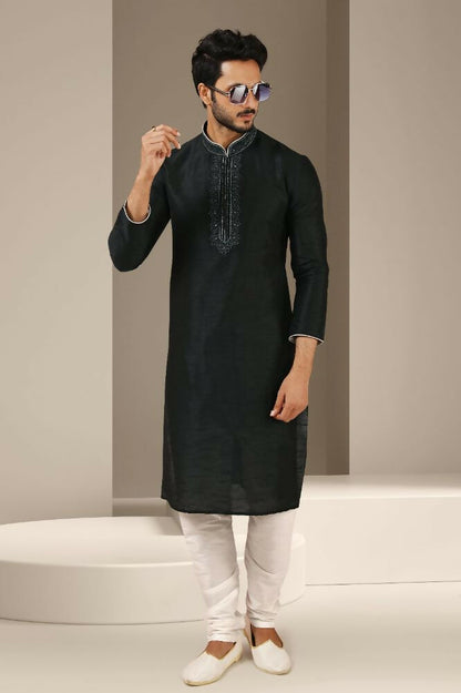 Raivat Ethnic Banarasi Art Silk Thread Work Kurta Pajama In Black Colour