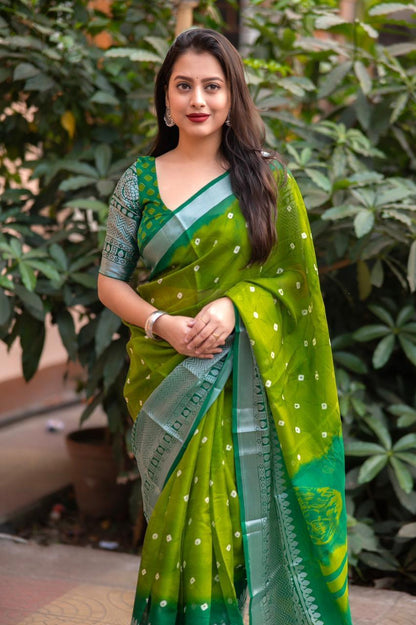 Green Jute Silk Ethnic Motifs Saree with Unstitched Blouse - A2M