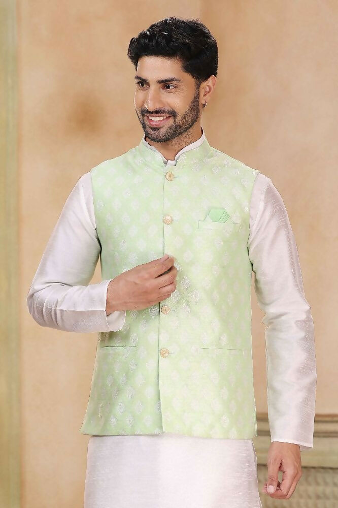 Raivat Ethnic Jacquard Banarasi Silk Woven Work 3 Pics Jacket Set In Pista Green Colour