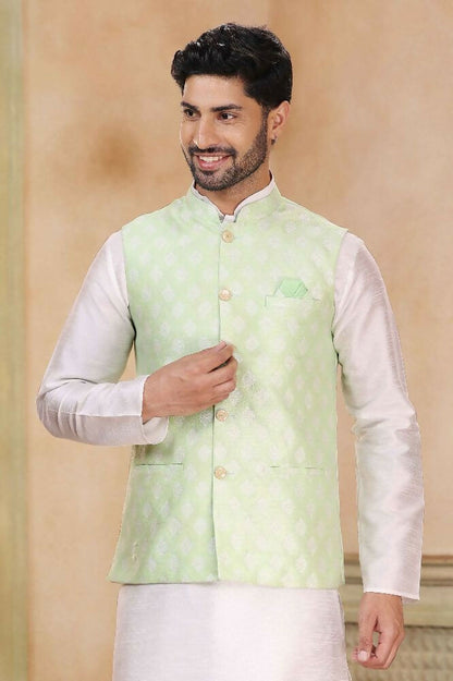 Raivat Ethnic Jacquard Banarasi Silk Woven Work 3 Pics Jacket Set In Pista Green Colour